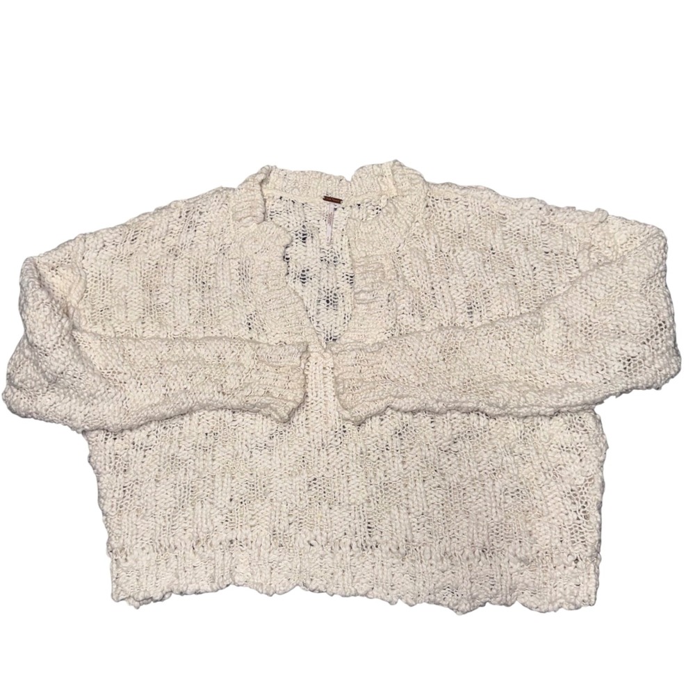 Free People Ivory Chunky Knit Cotton V-Neck Sweater Womens Cream OB1351824